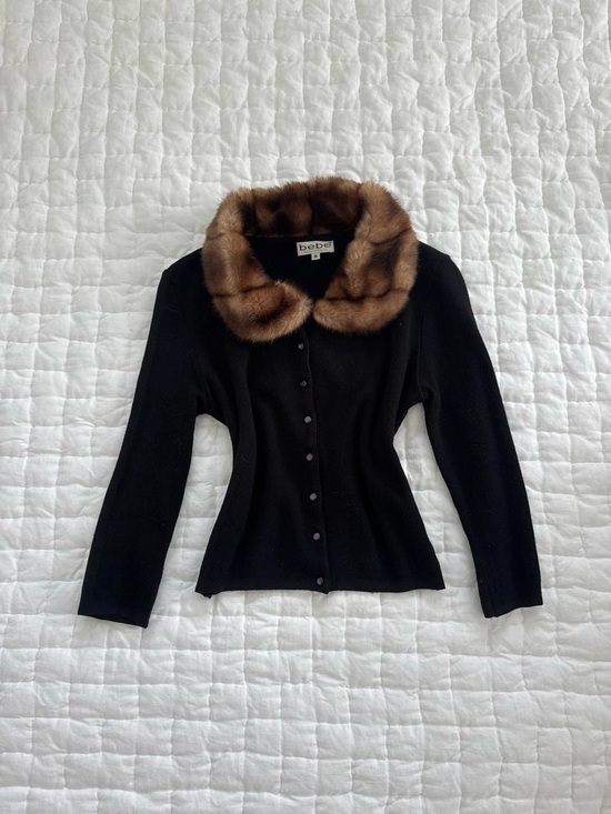 bebe Sweaters - BEBE Black Knit Cardigan with Brown Fur Collar